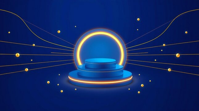 Futuristic glowing portal with a circular stage and digital data streams