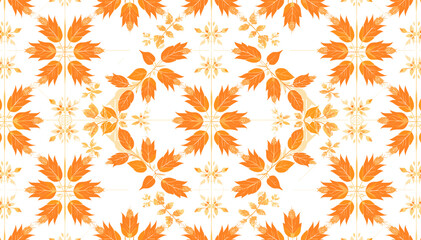 Seamless pattern with vibrant orange floral and leaf motifs arranged symmetrically on a white background, resembling traditional tile work. © Liakum