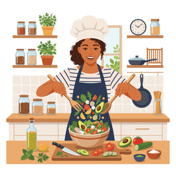 Smiling female chef mixing fresh vegetable salad in kitchen. Woman cook in apron and chef hat preparing healthy meal with avocado, tomatoes and lettuce. Flat vector illustration.