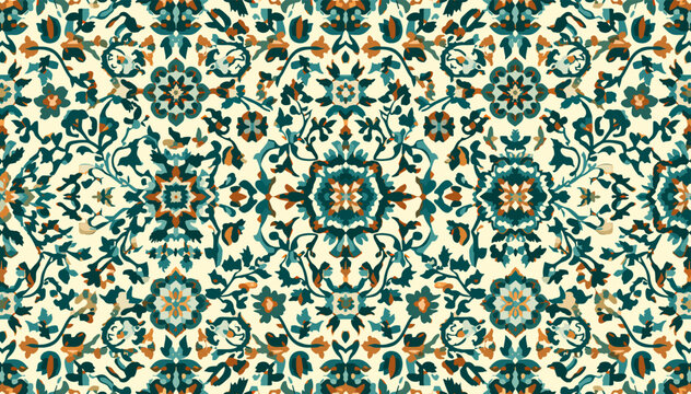 Intricate seamless pattern with ornate floral and foliate motifs in teal, orange, and cream, evoking traditional textile designs.