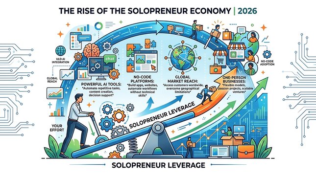 Solopreneur economy growth and business leverage infographic