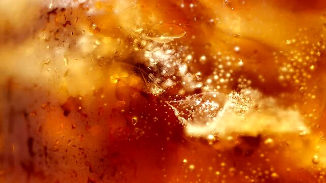 Cola Drink with Ice Cubes Macro Bubbles and Refreshing Beverage