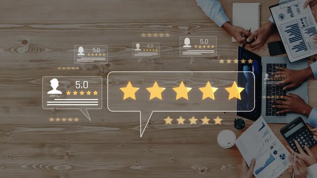 A detailed scene showcasing hands interacting with devices measuring customer satisfaction through visible ratings and reviews, perfect for business and technology themes. Raster
