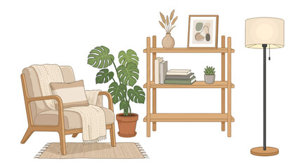 Fototapeta premium A serene living room scene with a chair, bookshelf, plant, lamp, and rug in a cozy interior setting indoors.