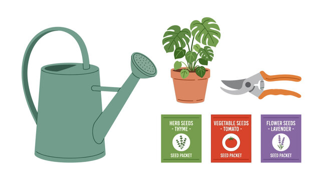 Gardener waters a potted plant with tools and care tips nearby indoors.