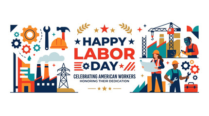 Fototapeta premium Workers celebrate Labor Day with tools and industry icons nearby outdoors