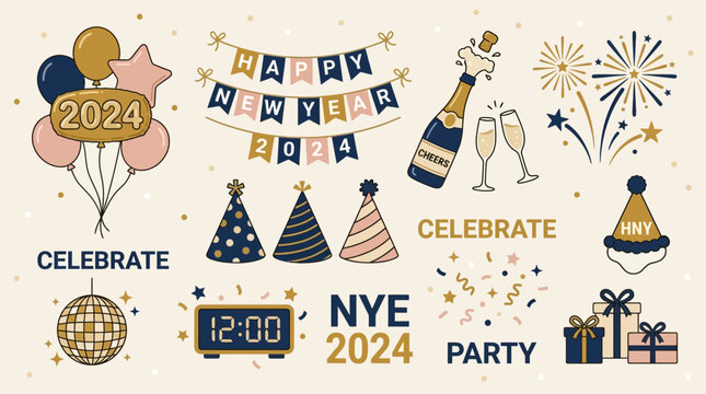 New Year's Eve party celebration with fireworks and champagne at night