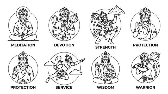 Hindu deity hanuman icons representing meditation devotion and power