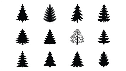 Obraz premium Christmas tree silhouette illustration, festive holiday evergreen symbol, black pine tree vector design, winter season decoration element, traditional Christmas icon isolated on white background for g
