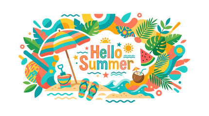 Colorful hello summer greeting with tropical beach elements © Ultimate