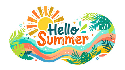 Vibrant hello summer greeting with sun palm leaves and waves © Ultimate