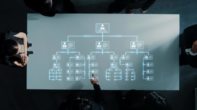 A futuristic depiction of a collaborative business diagram displayed on a sleek table, illustrating the connections within a project management framework. Raster