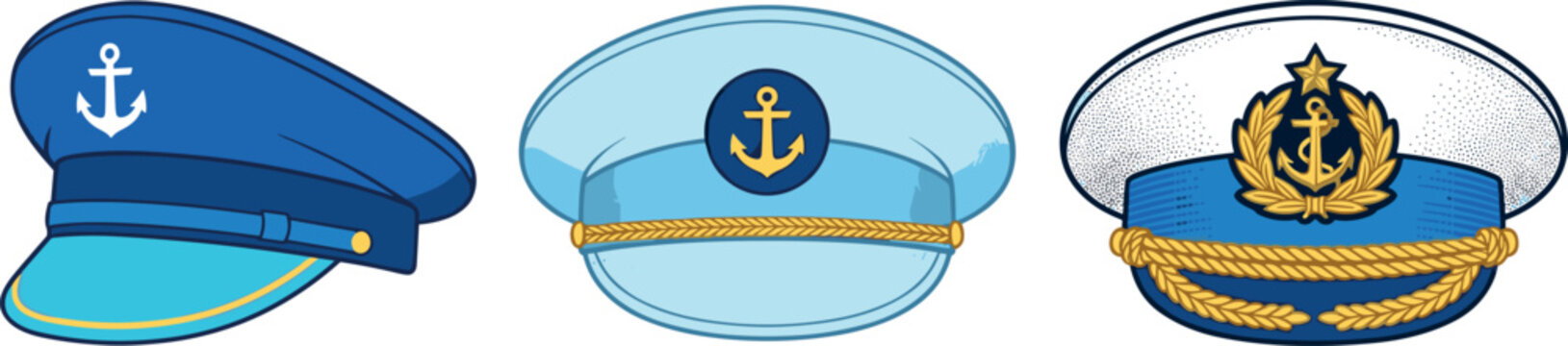 Nautical skipper captain hat vector set featuring blue sailor caps with golden anchor emblems isolated on a white background