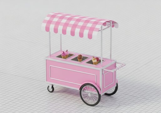 Pink dessert food cart with striped canopy and pastries on display outdoor