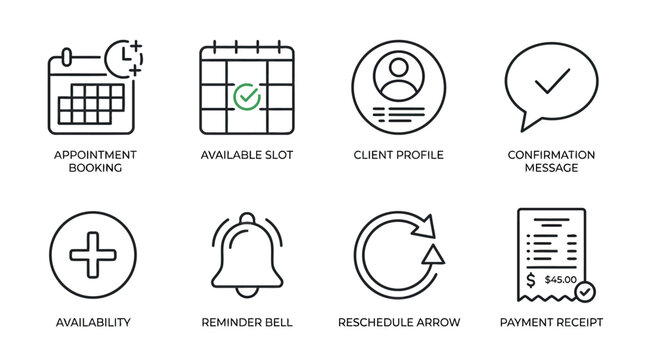 Client appointment and scheduling icons set for business bookings available slots client profiles confirmation messages and payment receipt processing.