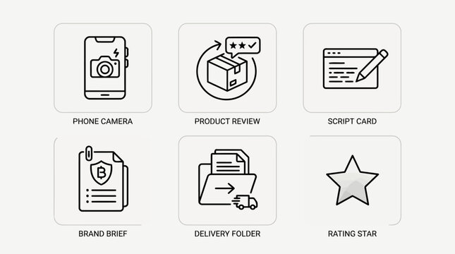 Content creator workflow icons including phone camera product review script card brand brief delivery folder and rating star line vector illustration.