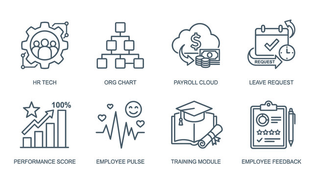 Set of modern line icons for human resources management systems including employee performance tracking payroll processing organizational structure and feedback.
