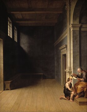 Wide classical painting of Prophet Samuel anointing young David with glowing oil against dark moody copy space