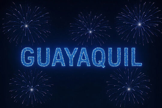 Texto de Guayaquil-Ecuador hecho de luces con fuegos artificiales de color azul