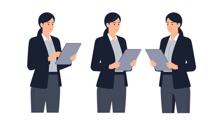 Fototapeta premium Female strategist in various poses holding documents in office setting