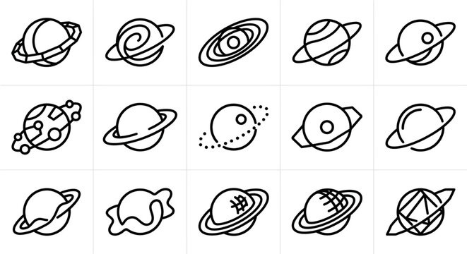 Black line art planets and moons.