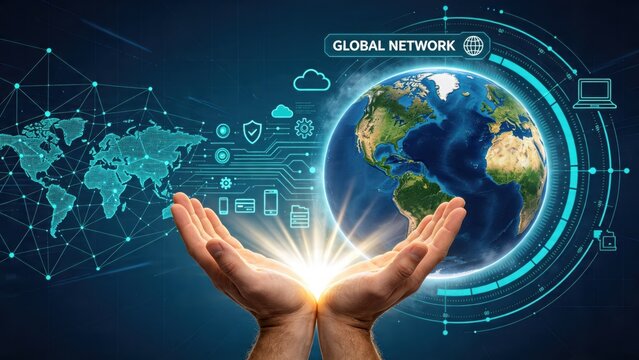 Global network concept with hands supporting earth planet, digital circuit board world map, cloud security icons