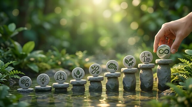 Hand places infinity loop symbol on growing stone steps adorned with eco-friendly icons in lush green nature setting.