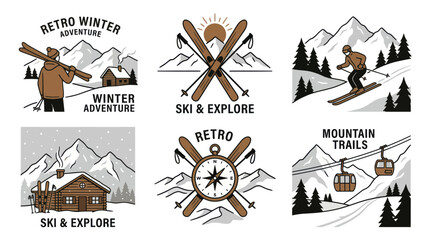 Vintage winter adventure ski badges with mountains and cabins © cicok