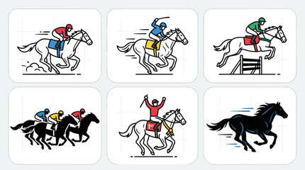 Obraz premium Horse racing icons set with jockeys competing and jumping hurdles