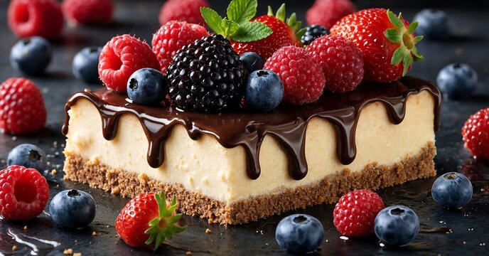 Delicious cheesecake with chocolate topping and mixed berries on top