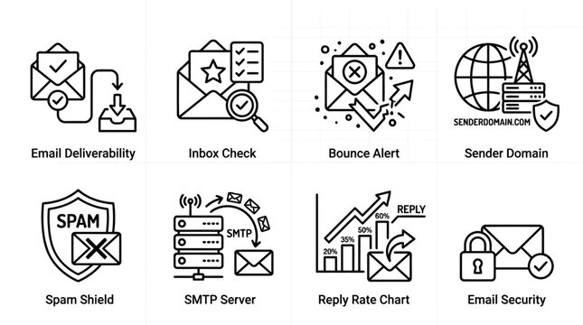 Email marketing icon set with email deliverability, inbox check, bounce alert, sender domain, spam shield vector.