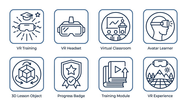 Set of virtual reality training icons featuring headset classroom learner and lesson objects for modern education and digital immersive learning systems.