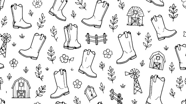 Western cowboy boots and rustic farmhouse icons pattern.