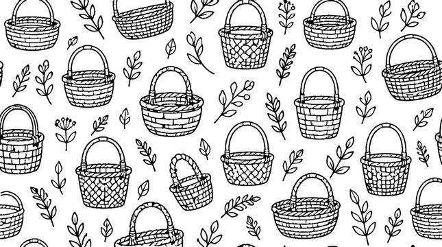 Hand Drawn Wicker Baskets and Botanical Leaves Pattern.