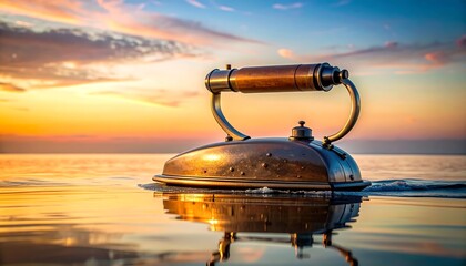 Giant vintage steam iron smoothing choppy ocean waves