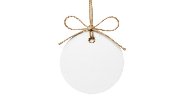 Round paper gift tag with rustic twine bow string isolated on transparent background
