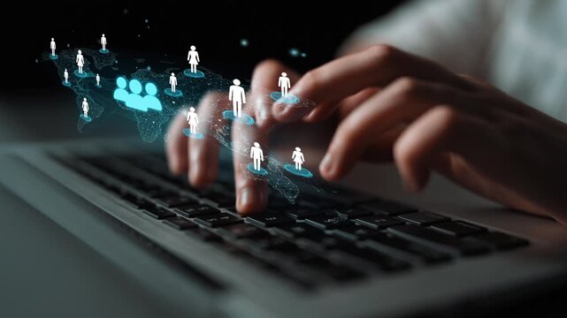 Man Hands Typing on Laptop Keyboard with Floating Digital Human Figures and World Map Background in Concept of Networking and Social Connection. Entropy.
