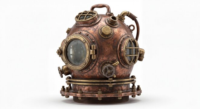 An antique copper diving helmet with brass fittings isolated on a clean white studio background.