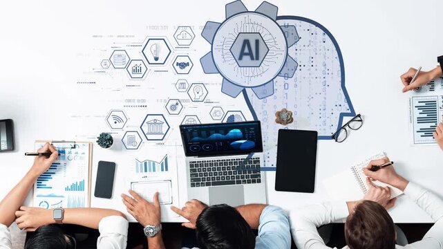 A modern collaborative workspace showcasing AI graphics and data analysis charts, illustrating innovation, teamwork, and strategic planning in a digital environment. Raster