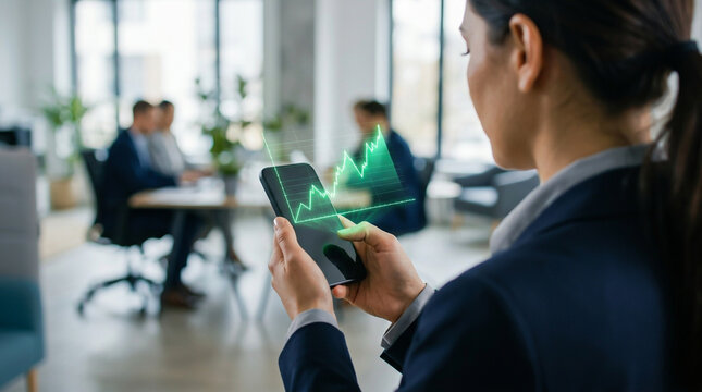 Businesswoman checking green holographic stock market graph on mobile phone