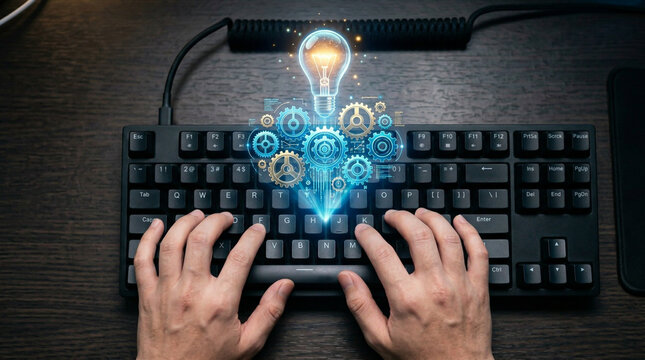 Hands typing on black keyboard with floating holographic lightbulb and gears