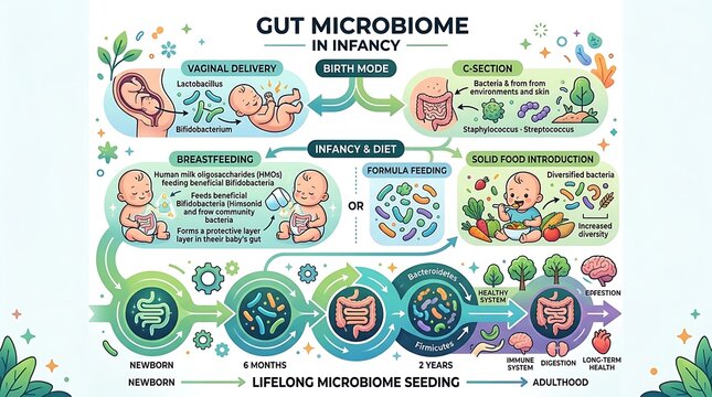Gut microbiome development from infancy to adulthood infographic