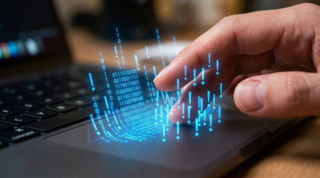 Fingers touching laptop trackpad with holographic digital error icons