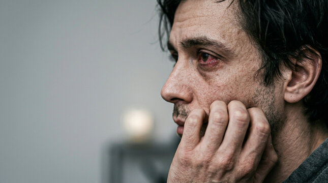 Profile portrait of sad exhausted man with red eyes touching face