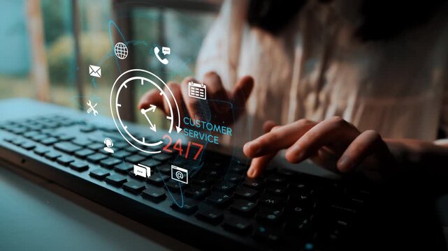 Person Using Computer Keyboard for Online Customer Service Support with 24-7 Availability Indicator and Digital Communication Icons. Entropy.