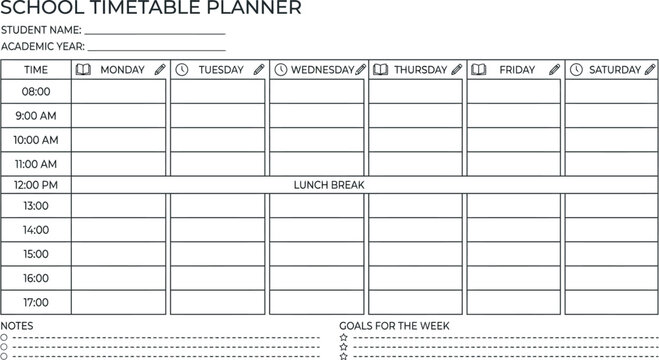 School timetable planner template for students to organize their weekly schedule with space for notes and goals in a clean and simple design on a white background with black lines