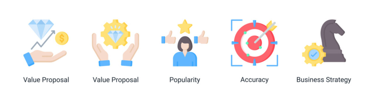 Business value icon set featuring value proposition,strategy,popularity and accuracy concepts for marketing,branding and business development projects.