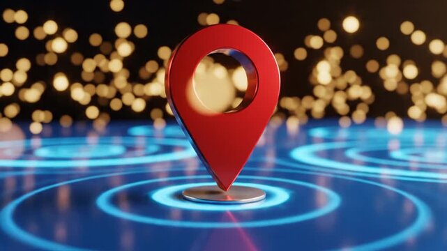 Red 3D location pin icon on a glowing blue circular base with golden bokeh background