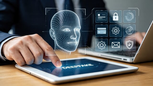 Deepfake artificial intelligence detection concept, wireframe human face scan on tablet, facial recognition technology, identity verification system