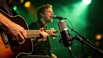 Fototapeta premium Musician performing live on stage with acoustic guitar and vintage microphone, singer in background, green stage lighting, concert atmosphere, musical performance